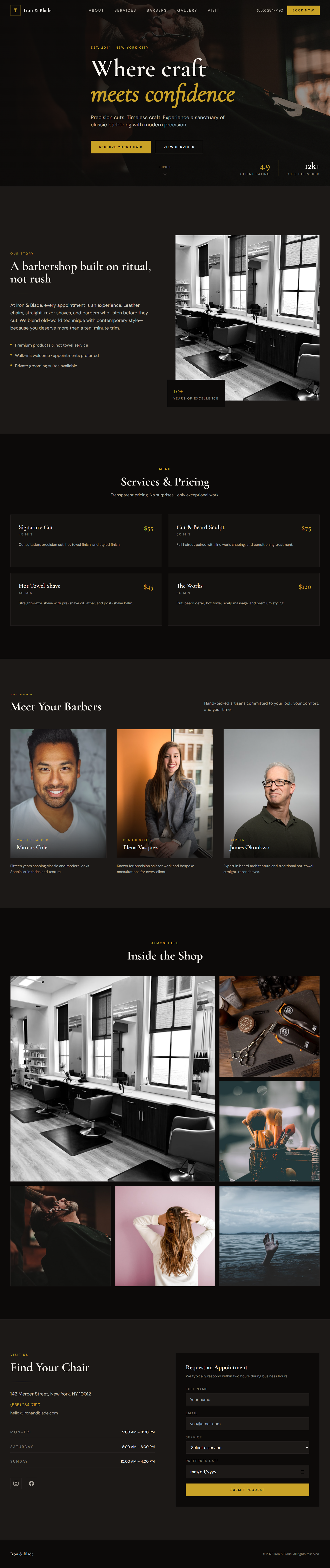 Full homepage of the Iron & Blade Barbershop demo website